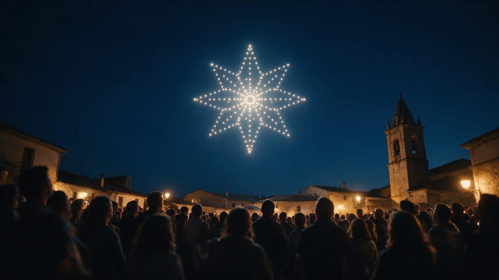 Público en la plaza de un pueblo español mirando un espectáculo de drones que dibuja una estrella luminosa en el cielo nocturno, junto a la torre de la iglesia