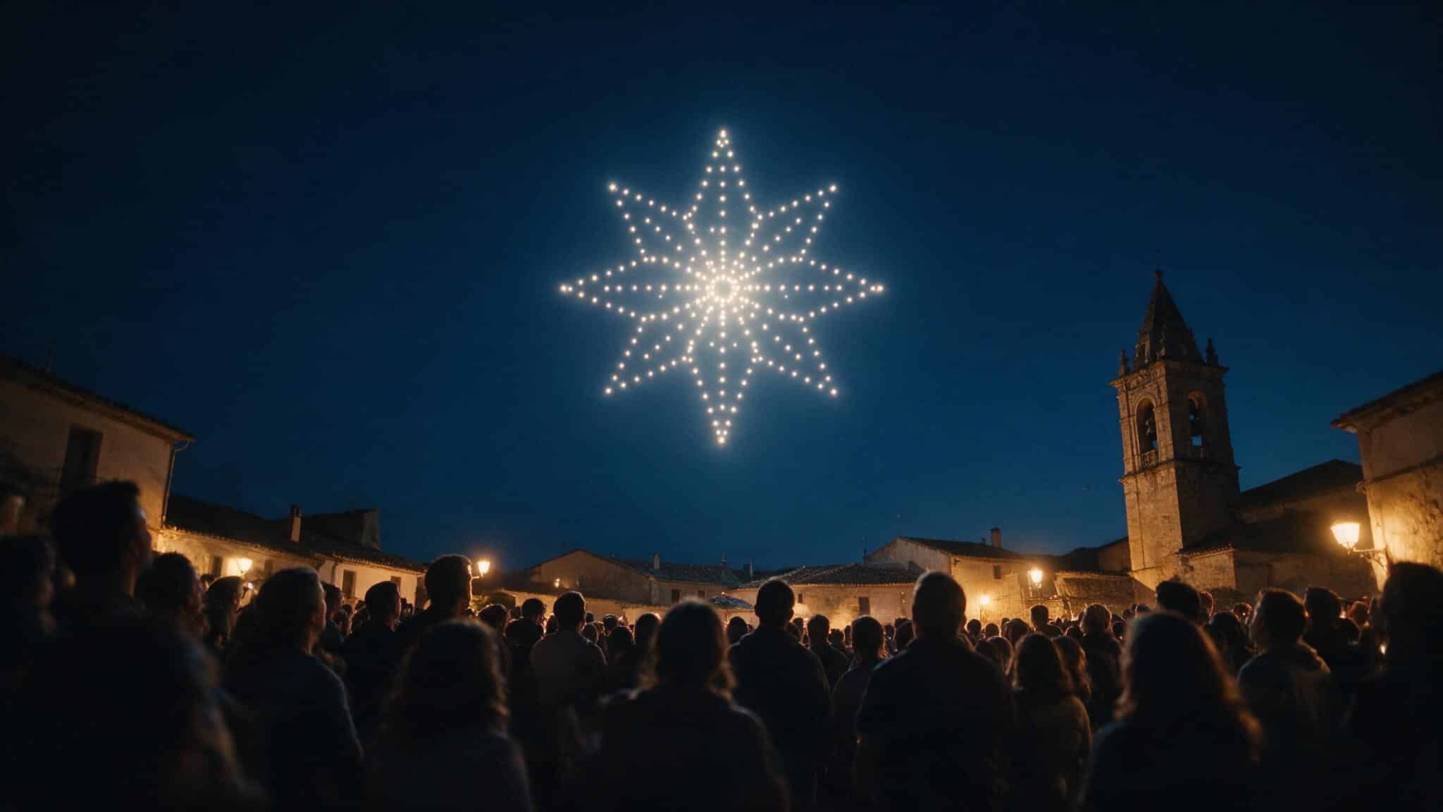 Público en la plaza de un pueblo español mirando un espectáculo de drones que dibuja una estrella luminosa en el cielo nocturno, junto a la torre de la iglesia