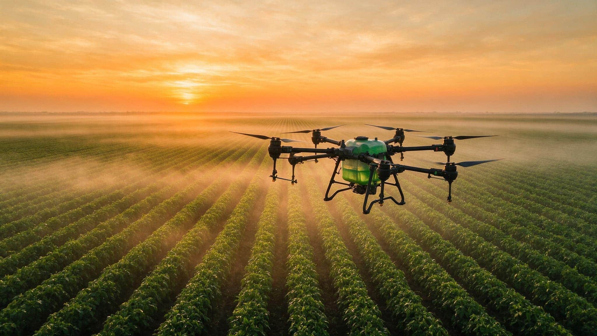 Dron agrícola con depósito y brazos de pulverización volando a baja altura sobre las hileras de un cultivo al amanecer