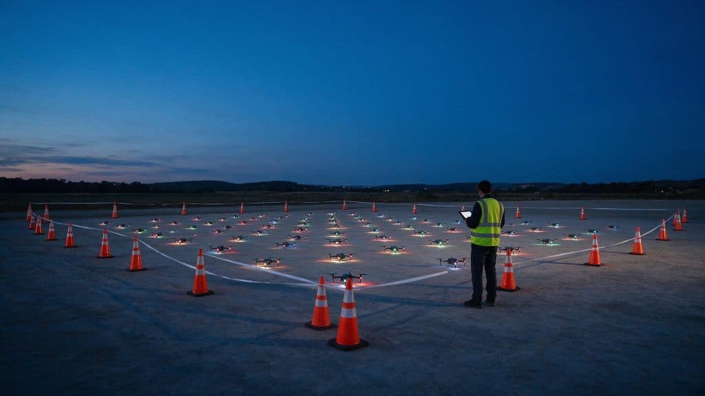 Decenas de drones colocados en formación sobre el suelo dentro de un perímetro de seguridad con conos, mientras un técnico con chaleco reflectante revisa una tablet antes del espectáculo