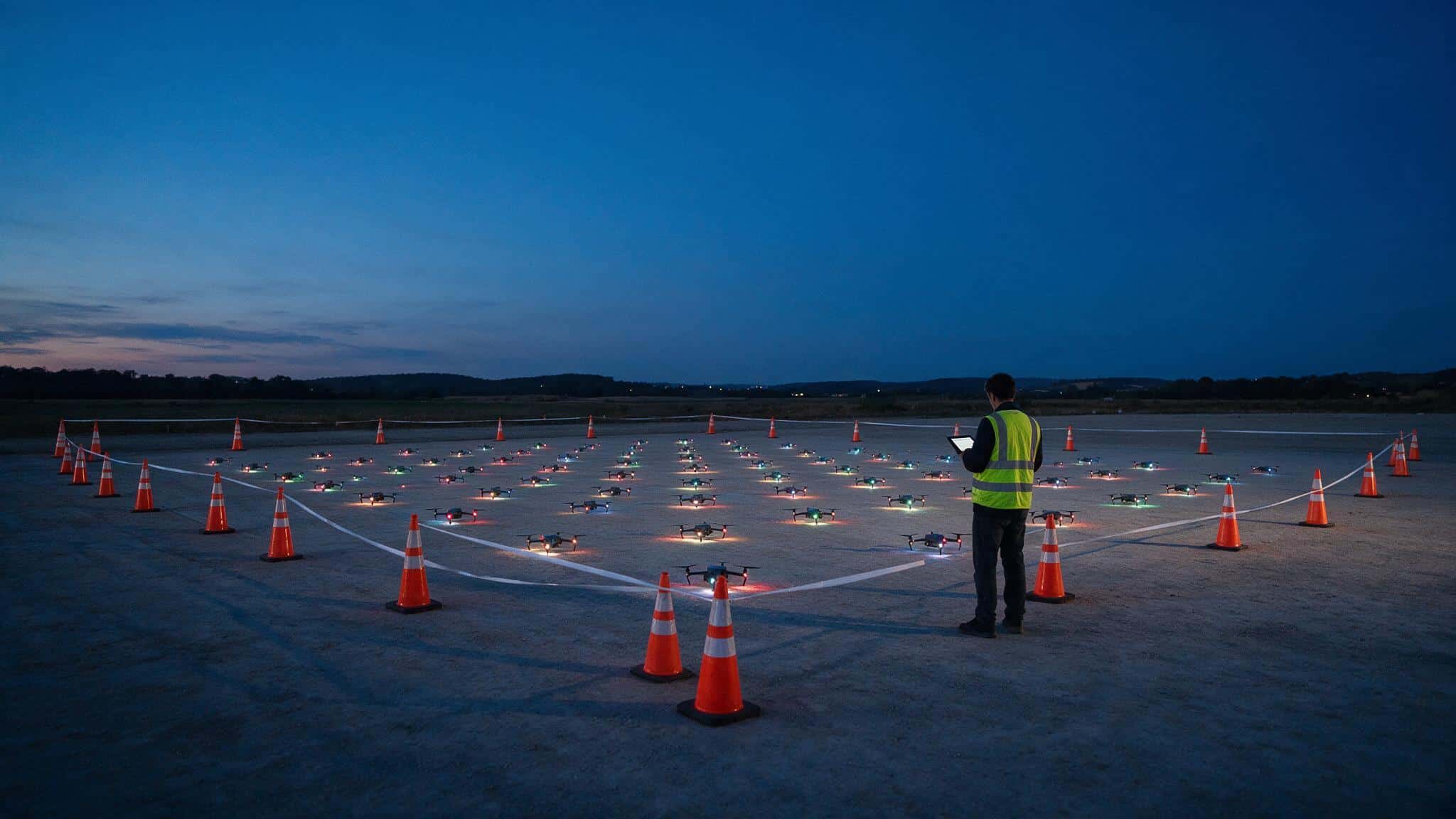 Decenas de drones colocados en formación sobre el suelo dentro de un perímetro de seguridad con conos, mientras un técnico con chaleco reflectante revisa una tablet antes del espectáculo