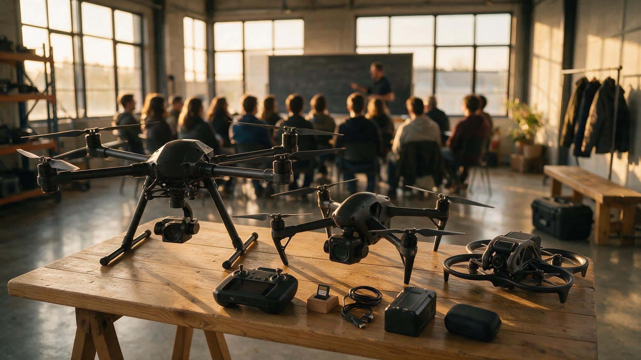 Varios drones profesionales de distinto tipo sobre una mesa de trabajo en un aula de formación de pilotos, con alumnos al fondo
