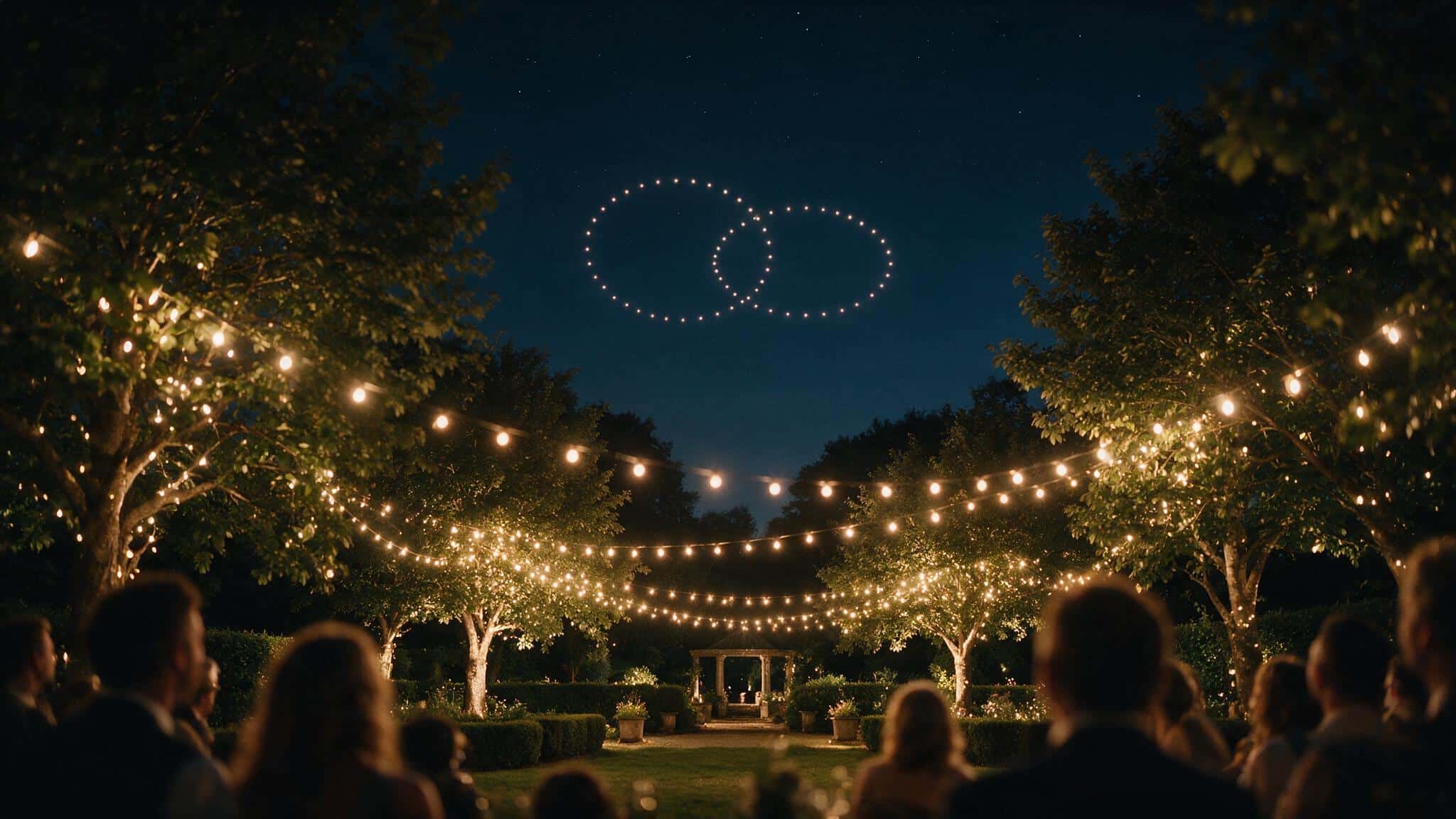 Jardín de una finca de bodas iluminado con guirnaldas de bombillas mientras un show de drones dibuja dos anillos entrelazados en el cielo nocturno