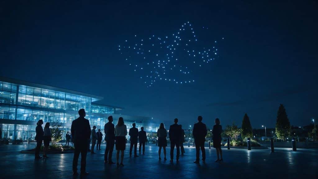 Asistentes a un evento de empresa frente a un centro de congresos observando un show de drones que forma una figura luminosa en el cielo