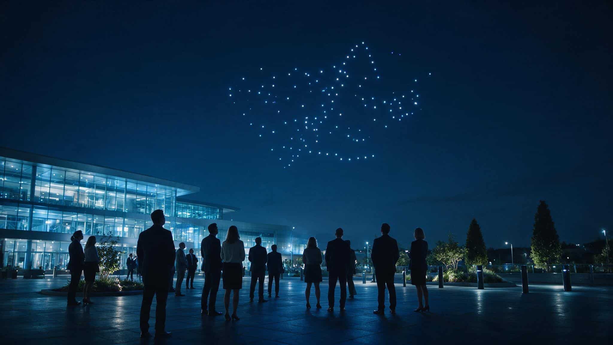 Asistentes a un evento de empresa frente a un centro de congresos observando un show de drones que forma una figura luminosa en el cielo