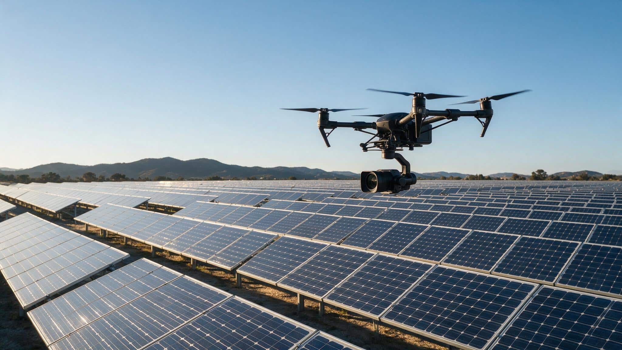Dron profesional con cámara volando sobre las filas de módulos de una planta solar fotovoltaica al amanecer