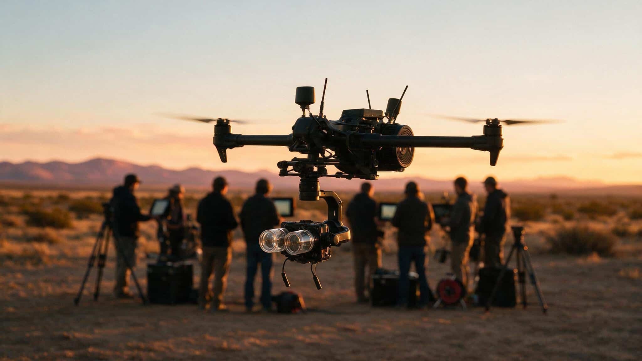 Dron profesional de cine con cámara y gimbal en primer plano durante un rodaje exterior, con el equipo técnico al fondo