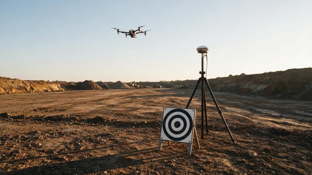 Diana de punto de apoyo topográfico y antena GNSS sobre trípode en una obra, con un dron sobrevolando la explanada