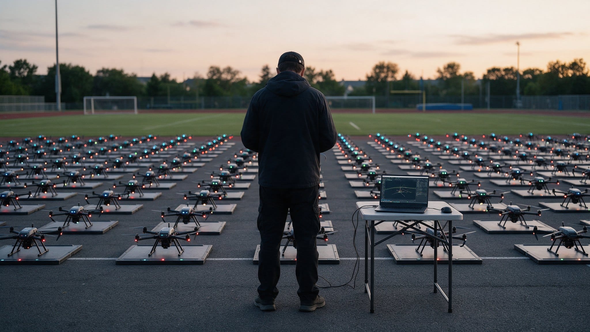 Técnico de espaldas junto a filas de drones de espectáculo colocados en cuadrícula sobre un campo de deporte al atardecer, con un portátil de control en una mesa