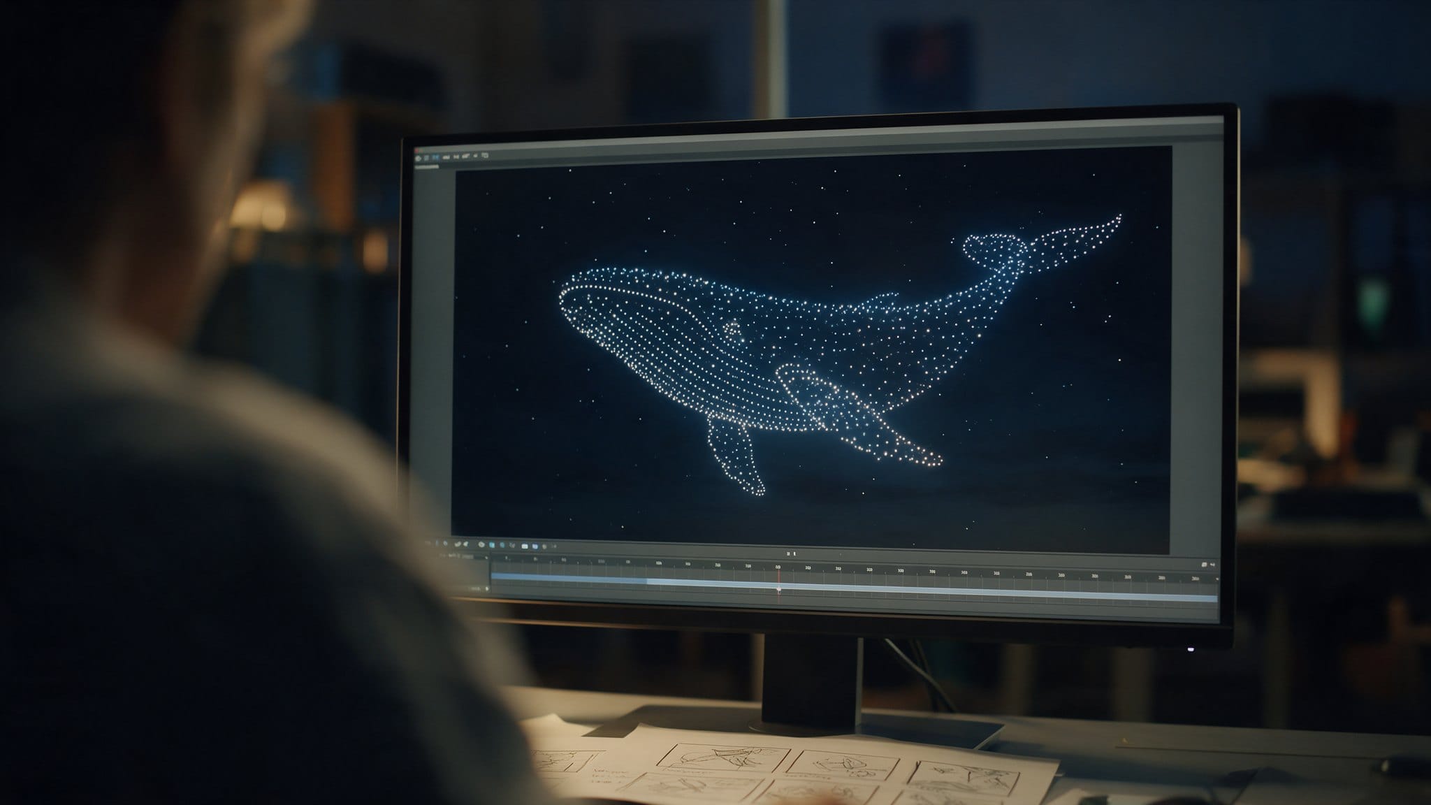 Pantalla de ordenador con la animación en 3D de una ballena formada por puntos de luz, vista por encima del hombro de un diseñador