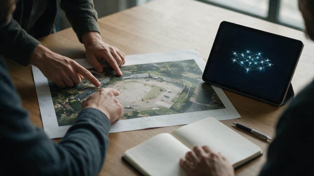 Dos personas señalando un plano aéreo impreso de un recinto sobre una mesa, junto a una tableta que muestra la simulación en 3D de una formación de drones