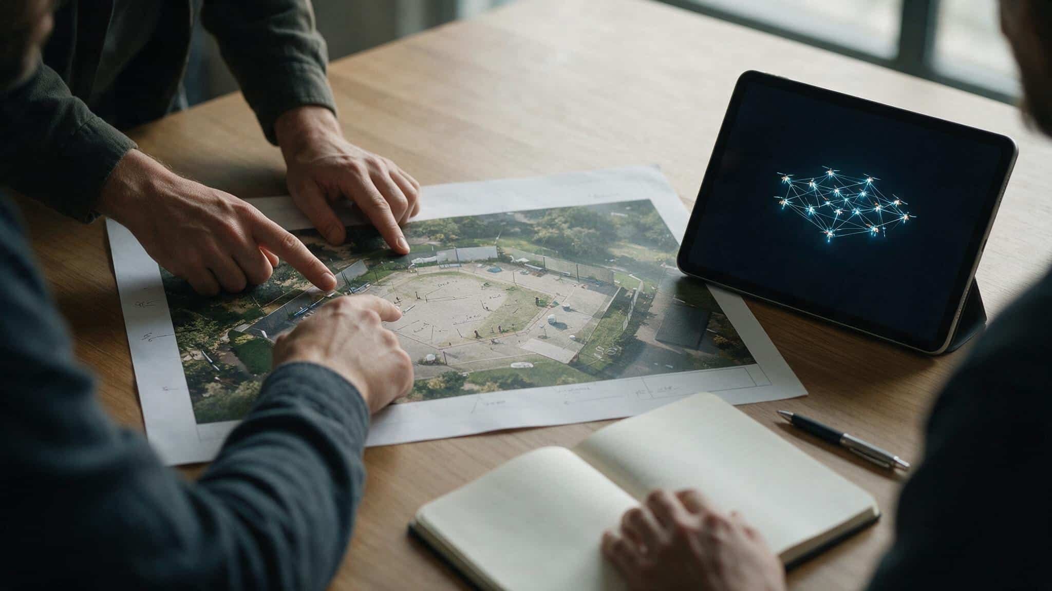 Dos personas señalando un plano aéreo impreso de un recinto sobre una mesa, junto a una tableta que muestra la simulación en 3D de una formación de drones