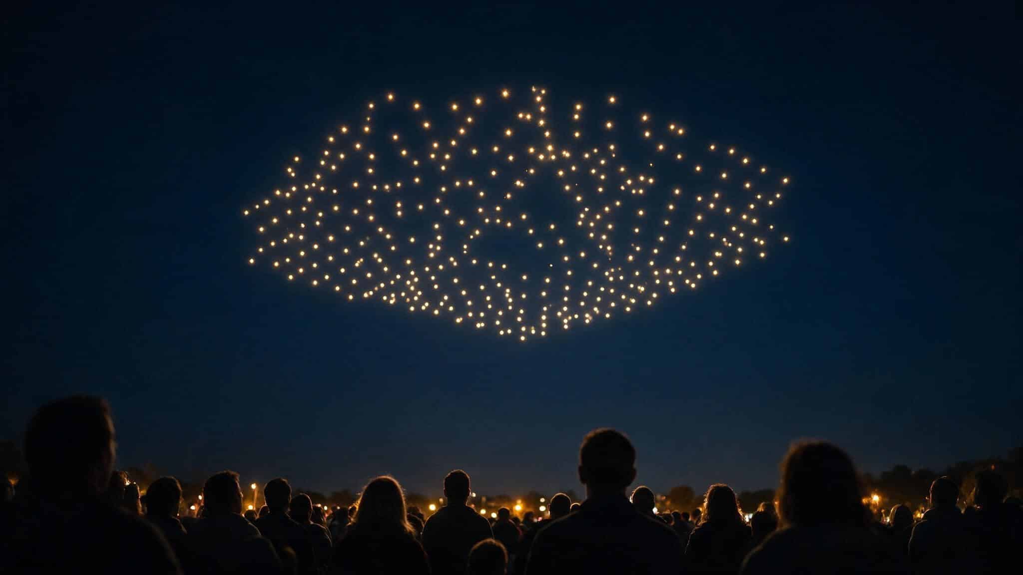 Cientos de puntos de luz de drones formando una figura en el cielo nocturno, vistos desde detrás del público, que aparece en silueta mirando hacia arriba