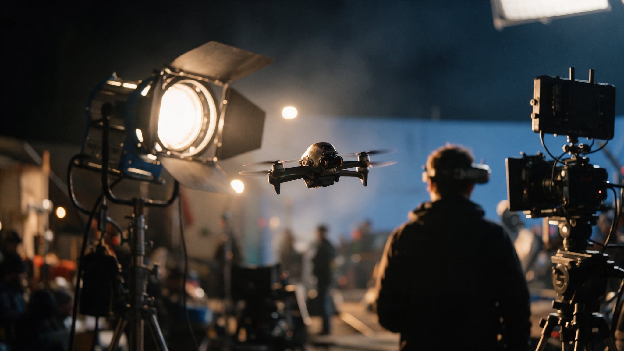 Dron FPV volando bajo entre focos de cine y cámaras en un rodaje nocturno, con el piloto de espaldas y con gafas FPV al fondo