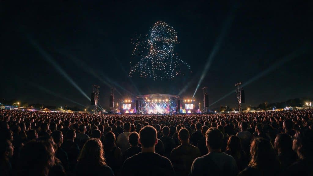 Formación luminosa de drones en el cielo sobre el escenario iluminado de un festival, con el público de espaldas llenando la explanada