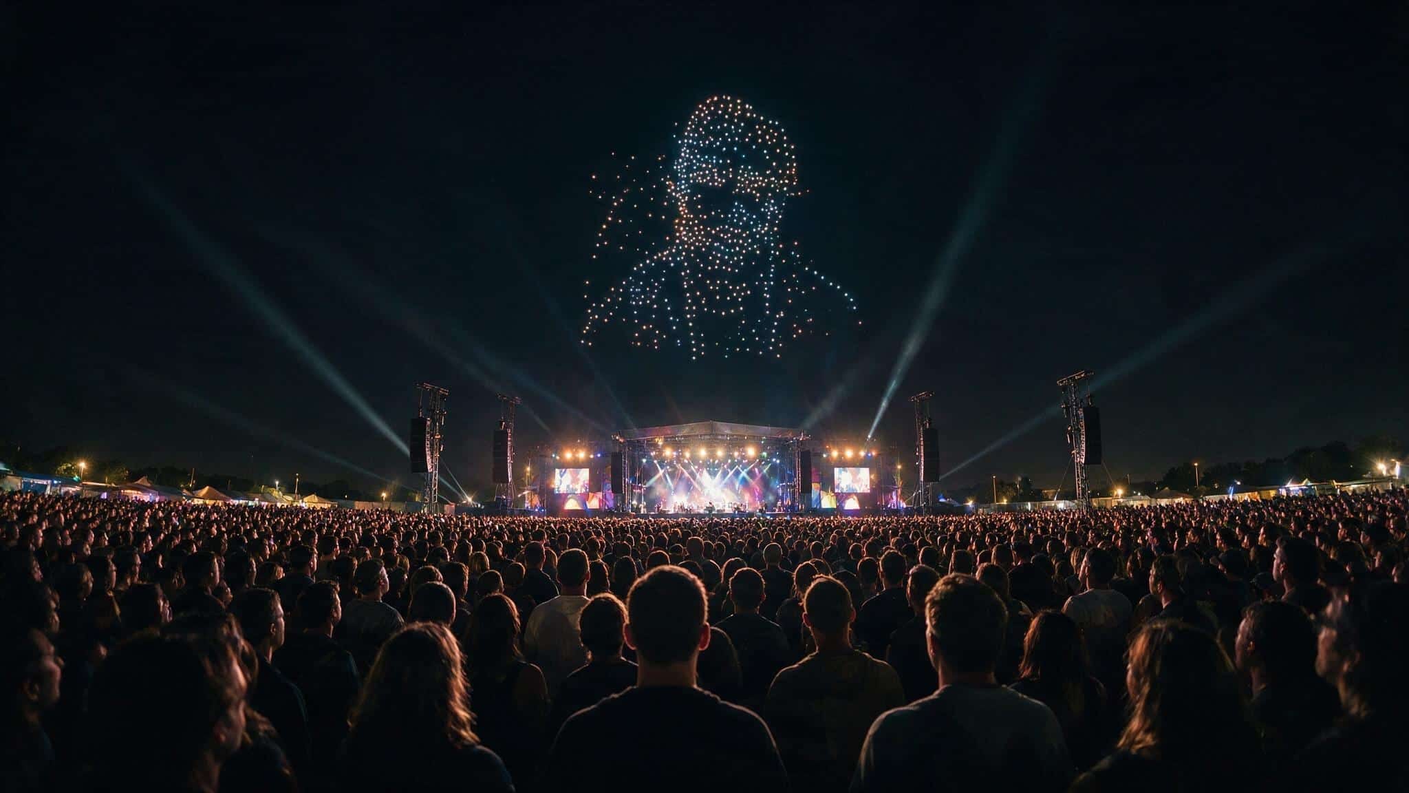 Formación luminosa de drones en el cielo sobre el escenario iluminado de un festival, con el público de espaldas llenando la explanada