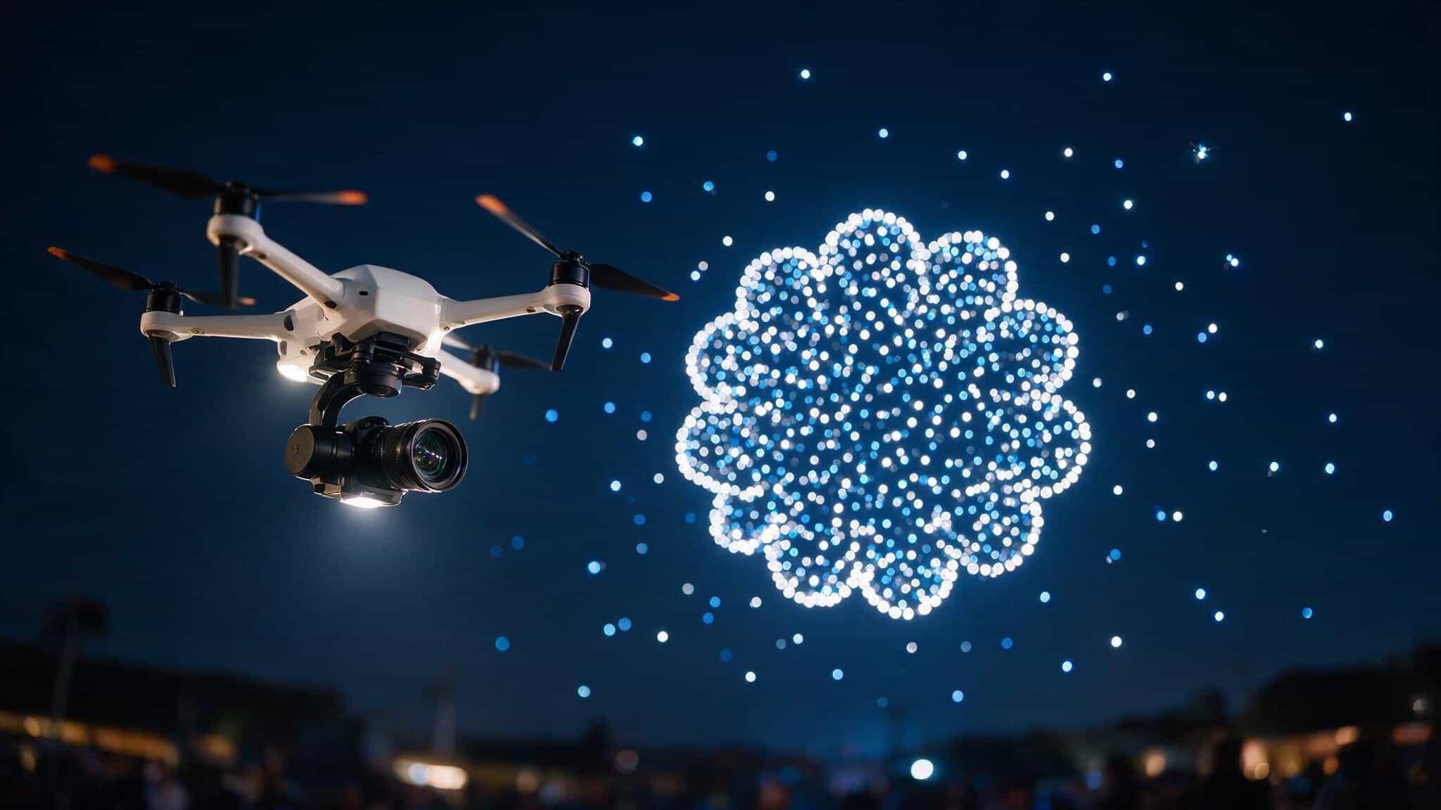 Dron profesional con cámara estabilizada volando en primer plano y, al fondo, un enjambre de drones con luces formando una figura sobre un evento nocturno
