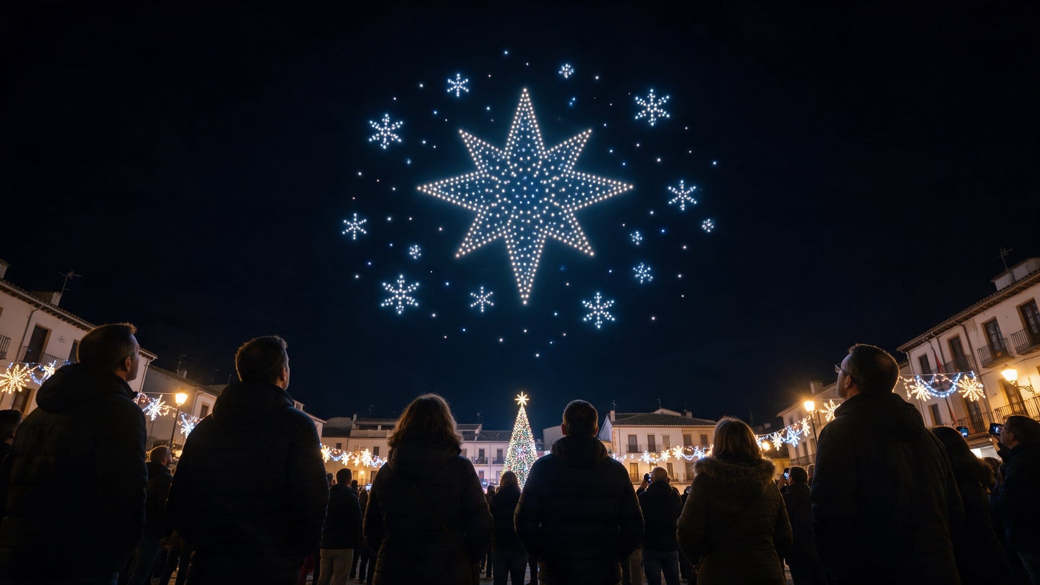 Cientos de drones formando una estrella y copos de nieve en el cielo nocturno sobre una plaza con árbol de Navidad, con el público de espaldas