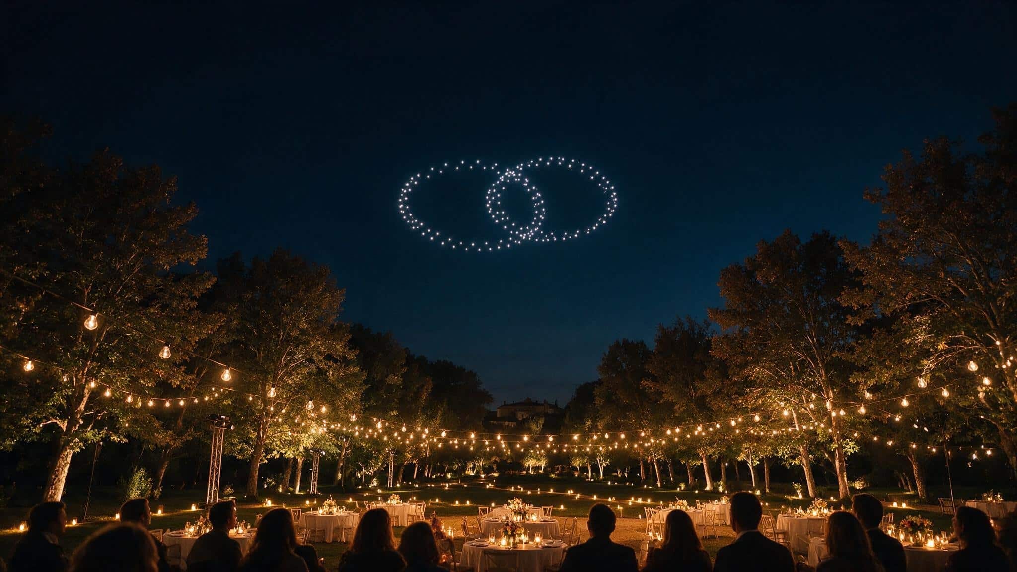 Dos anillos entrelazados dibujados con drones en el cielo nocturno sobre el jardín de una finca de bodas, con mesas vestidas y guirnaldas de luces cálidas