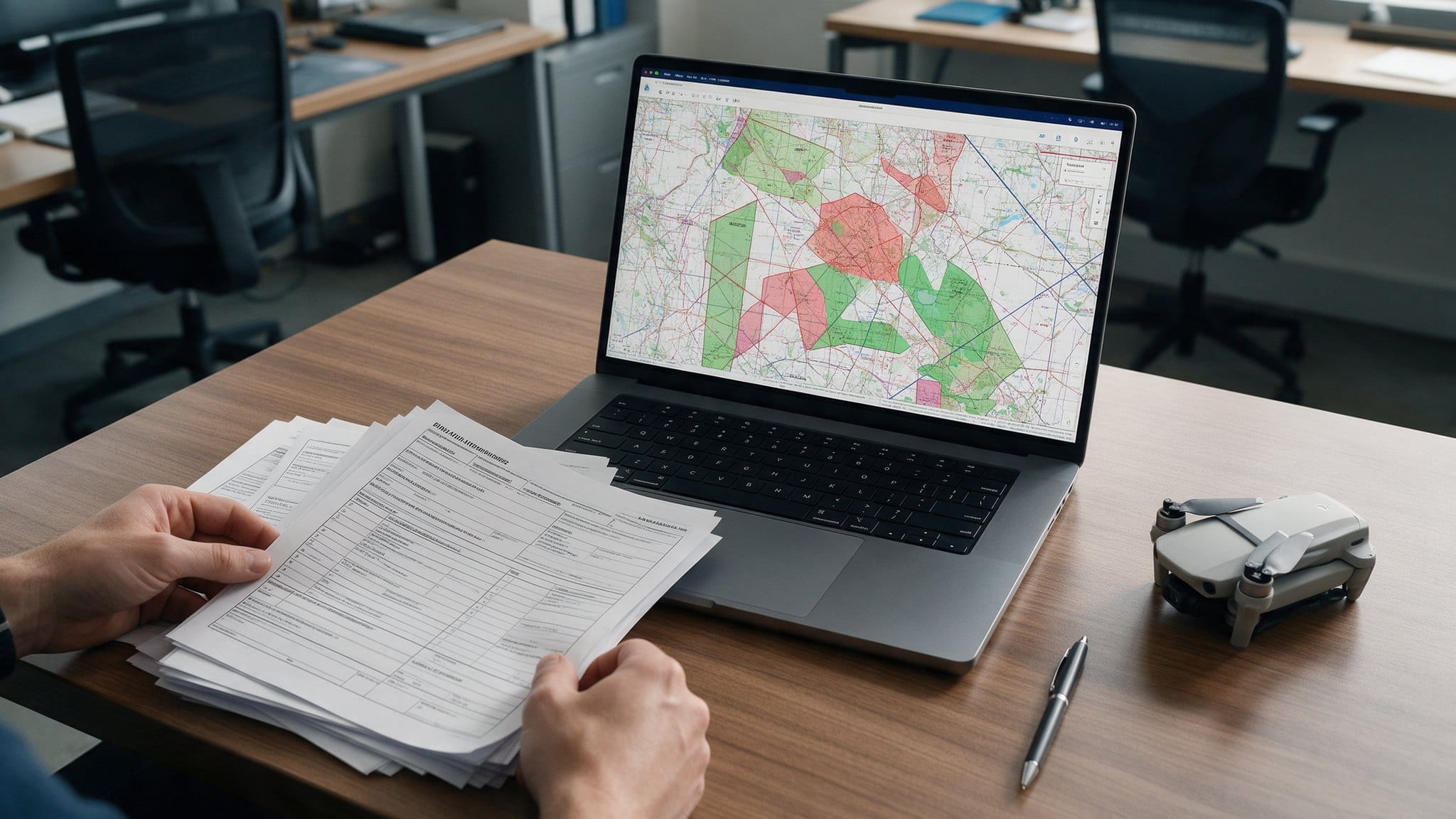 Portátil con un mapa aeronáutico de zonas restringidas, documentos de autorización impresos, un dron plegado y un bolígrafo sobre una mesa de oficina