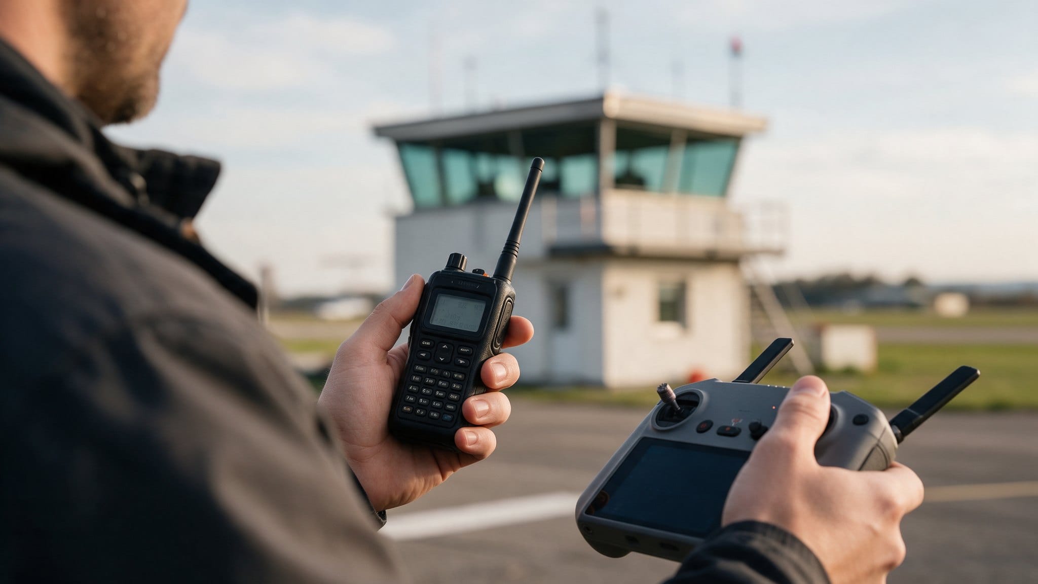 Manos de un piloto sujetando una radio aeronáutica VHF y el mando de un dron, con la torre de control de un aeródromo desenfocada al fondo