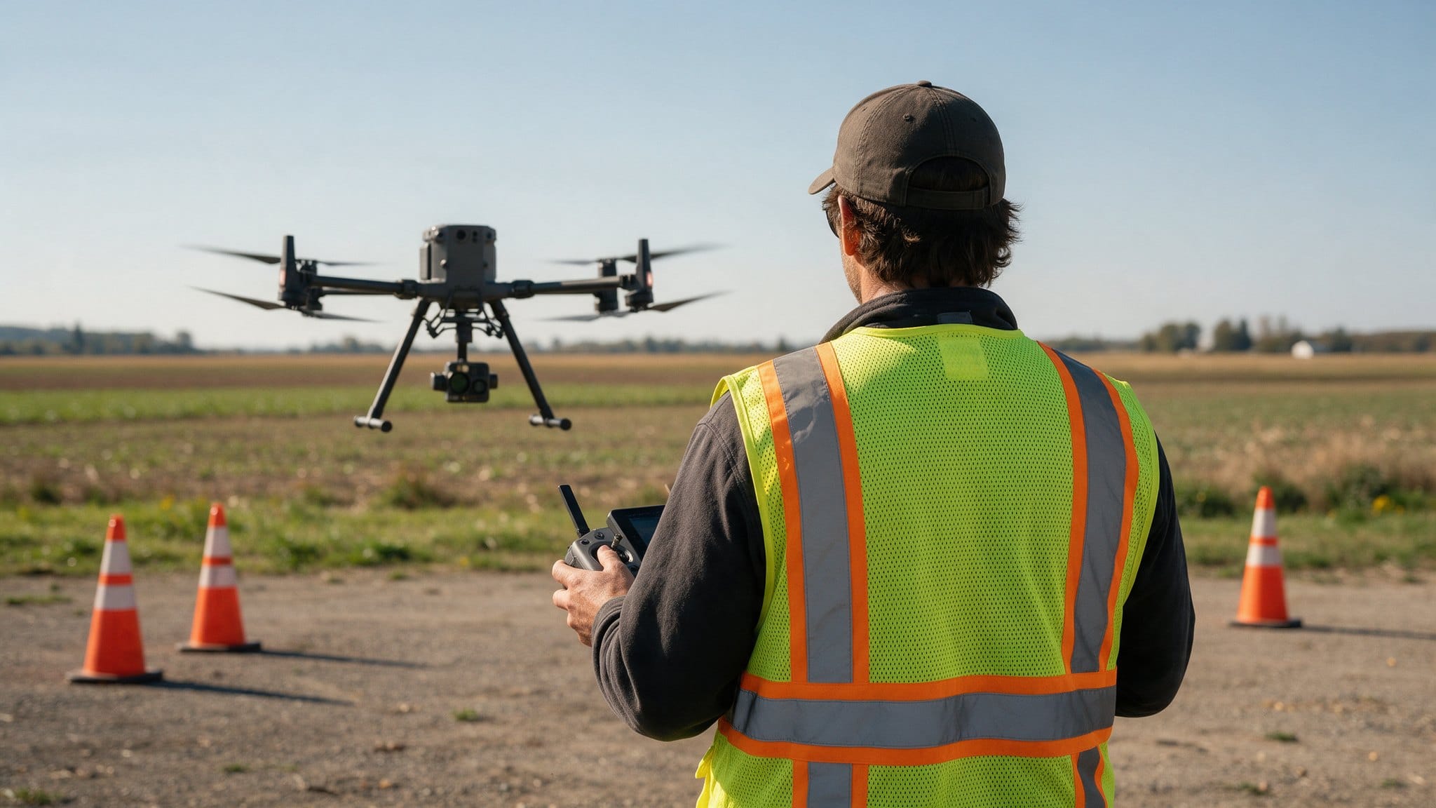 Piloto de espaldas con chaleco reflectante manejando un dron industrial sobre un campo abierto, con conos que delimitan la zona de operación