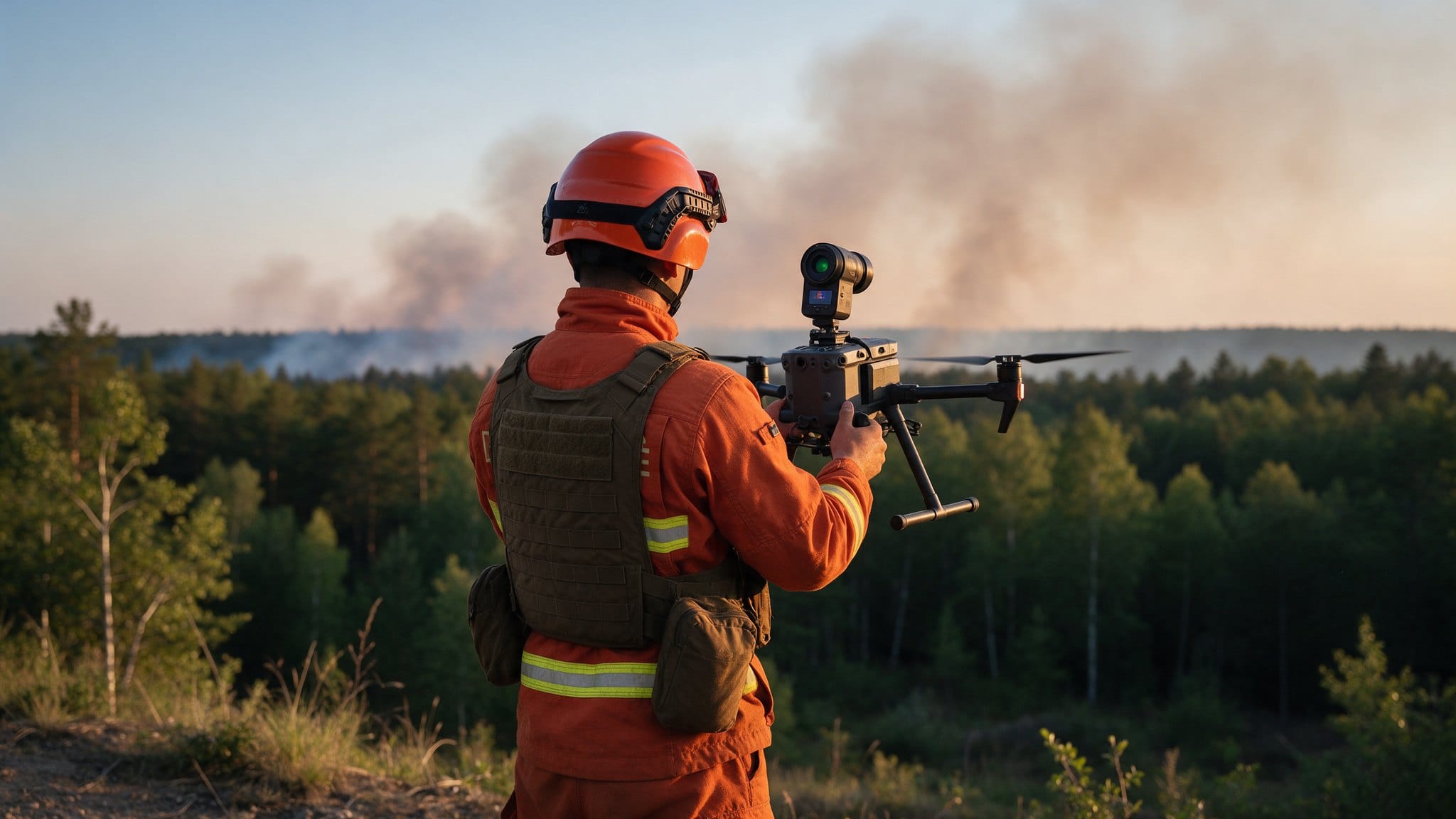 Rescatista con equipo naranja de espaldas preparando un dron con cámara térmica junto a un bosque, con humo en el horizonte al atardecer